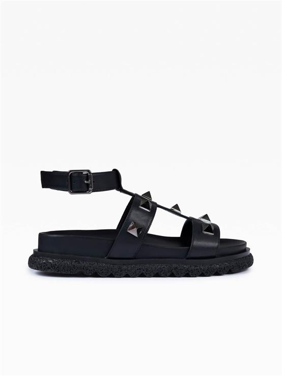 Perri Siyah Deri Kadın Sandalet