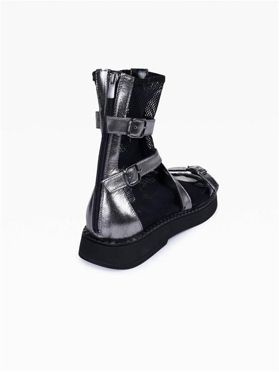 Raffia Lame Deri Siyah File Kadın Sandalet