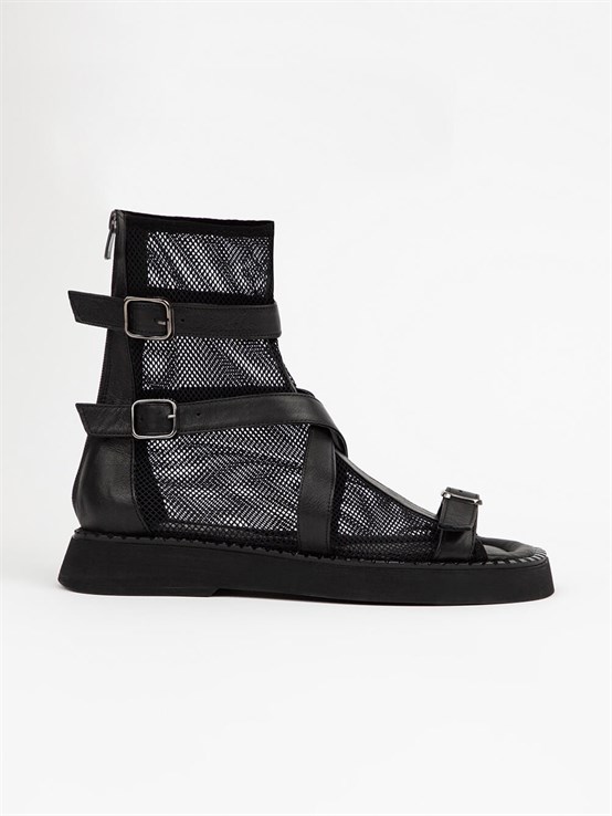 Raffia Siyah Deri Siyah File Kadın Sandalet