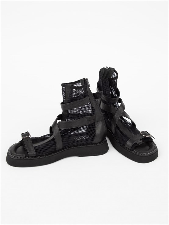 Raffia Siyah Deri Siyah File Kadın Sandalet