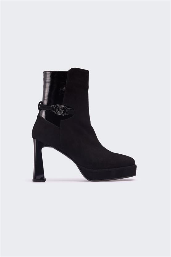 Razza Siyah Süet Siyah Rugan Kadın Topuklu Bot