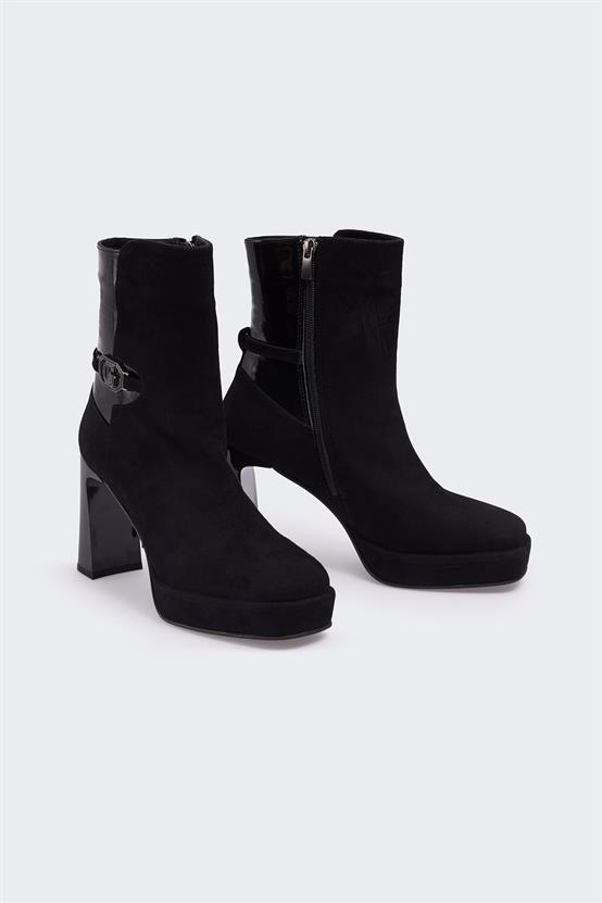 Razza Siyah Süet Siyah Rugan Kadın Topuklu Bot