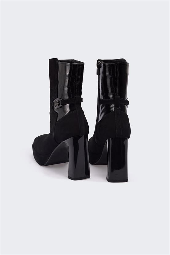 Razza Siyah Süet Siyah Rugan Kadın Topuklu Bot