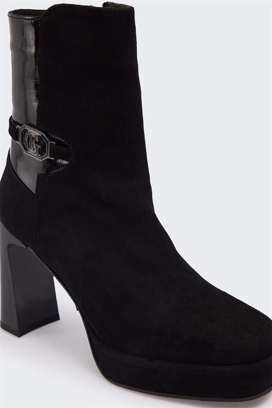 Razza Siyah Süet Siyah Rugan Kadın Topuklu Bot