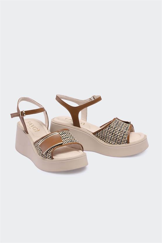 Seiar Taba Deri Bej Hasır Kadın Sandalet