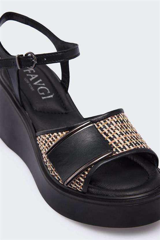 Seiar Siyah Deri Siyah Hasır Kadın Sandalet