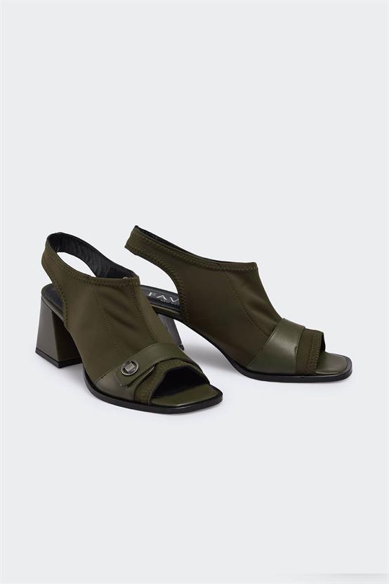 Soho Olive Saten Streç Olive Deri Kadın Topuklu Sandalet