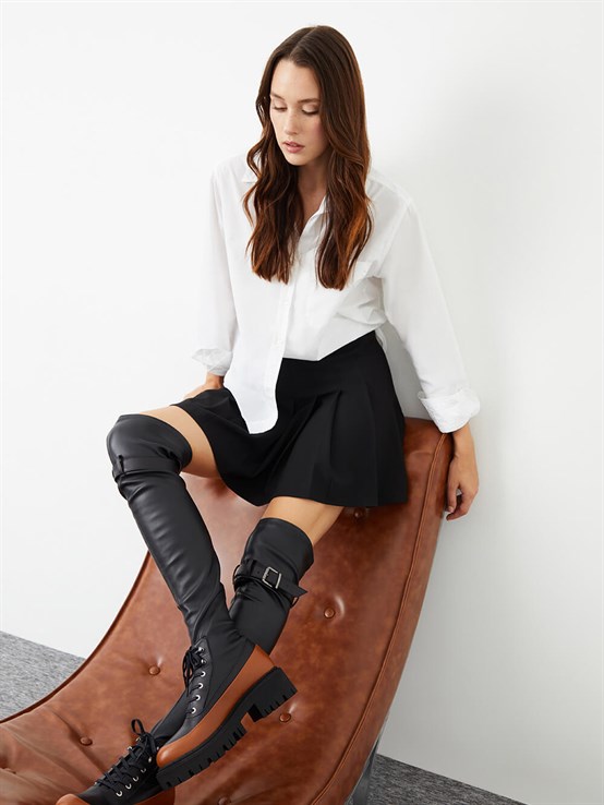 Torre Siyah Deri Streç Kadın Çizme