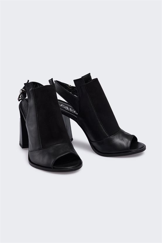 Vennia Siyah Deri Siyah Süet Streç Kadın Topuklu Ayakkabı