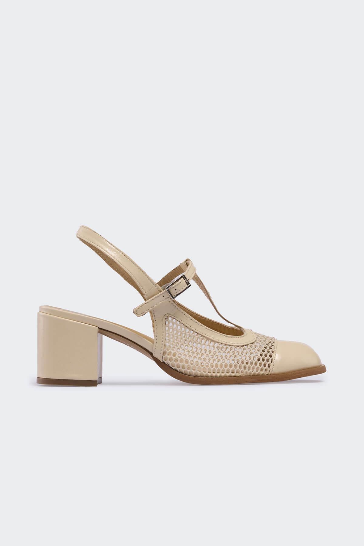 Jöerr Bej Kırışık Rugan Bej File Kadın Topuklu Ayakkabı