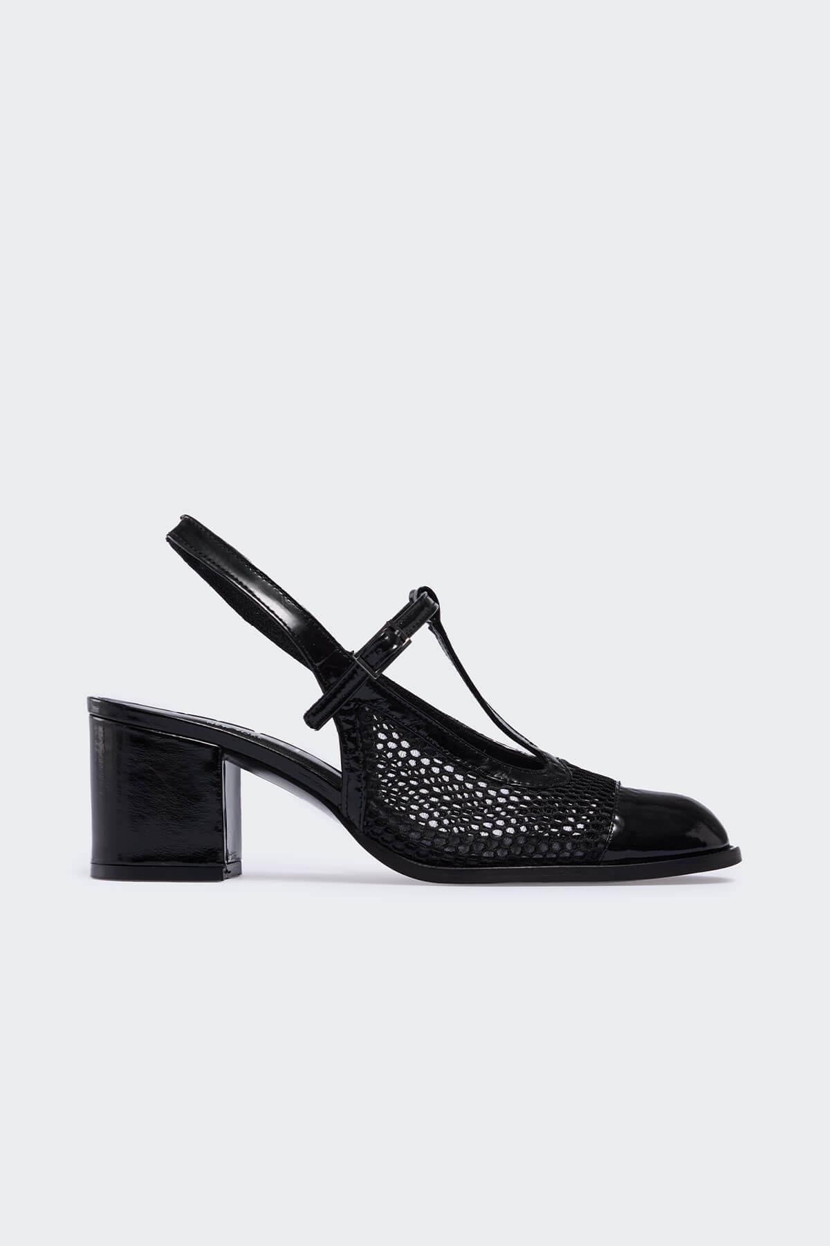 Jöerr Siyah Kırışık Rugan Siyah File Kadın Topuklu Ayakkabı