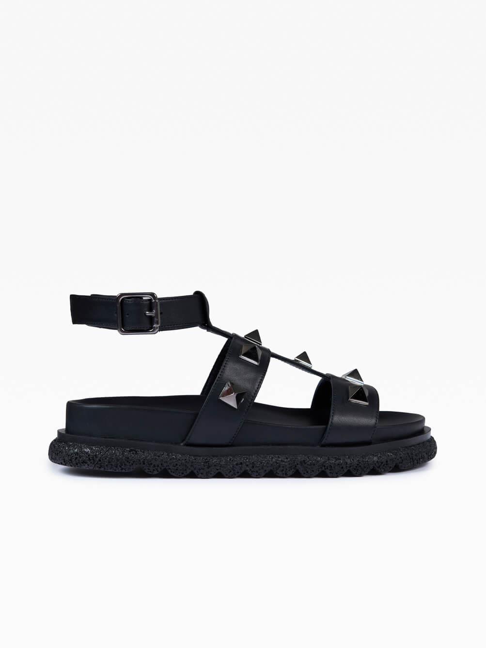 Perri Siyah Deri Kadın Sandalet