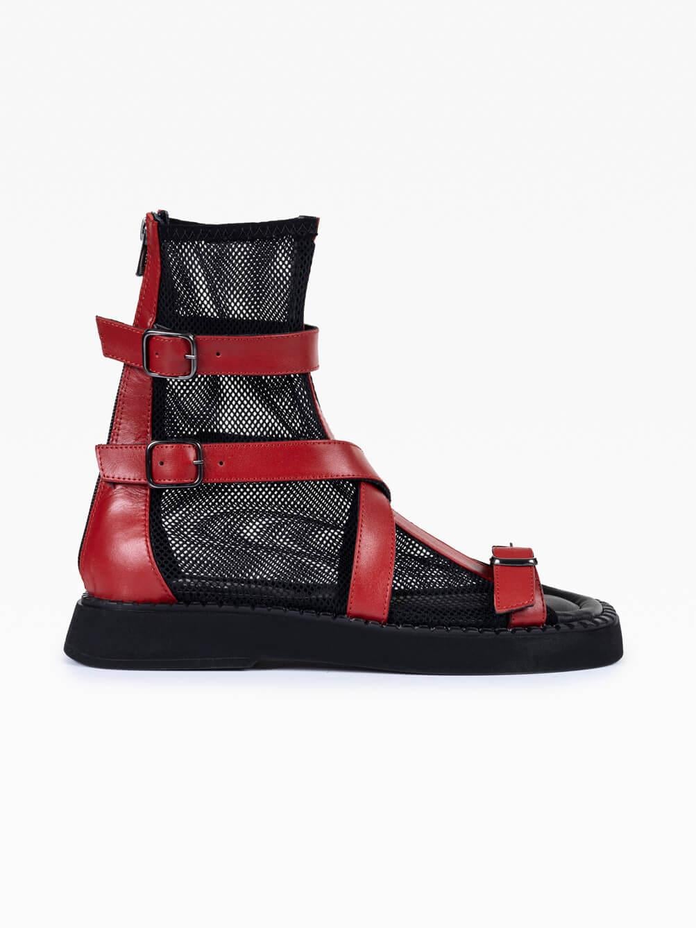 Raffia Kırmızı Deri Siyah File Kadın Sandalet