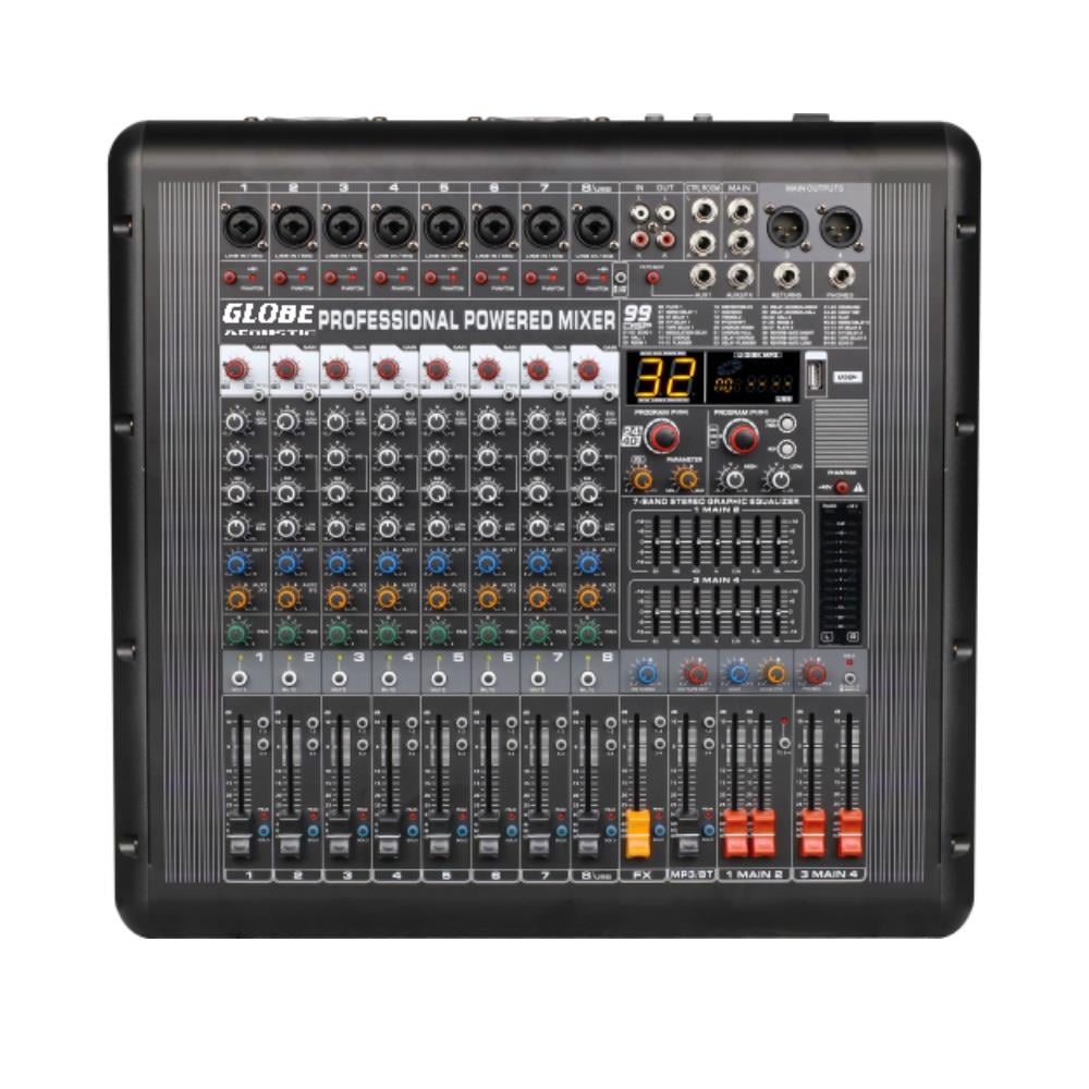 GLOBE ACOUSTİC GTP804 8 KANALLI 2X900W 99 DSP EFEKTLİ ÇİFT AUXLU ANFİLİ MİKSER