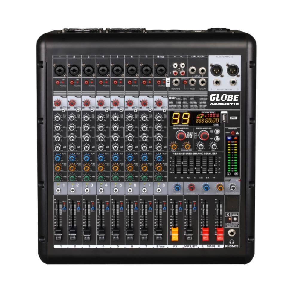 GLOBE ACOUSTİC GTP890 8 KANALLI 2X500W 99 DSP EFEKTLİ ÇİFT AUXLU ANFİLİ MİKSER