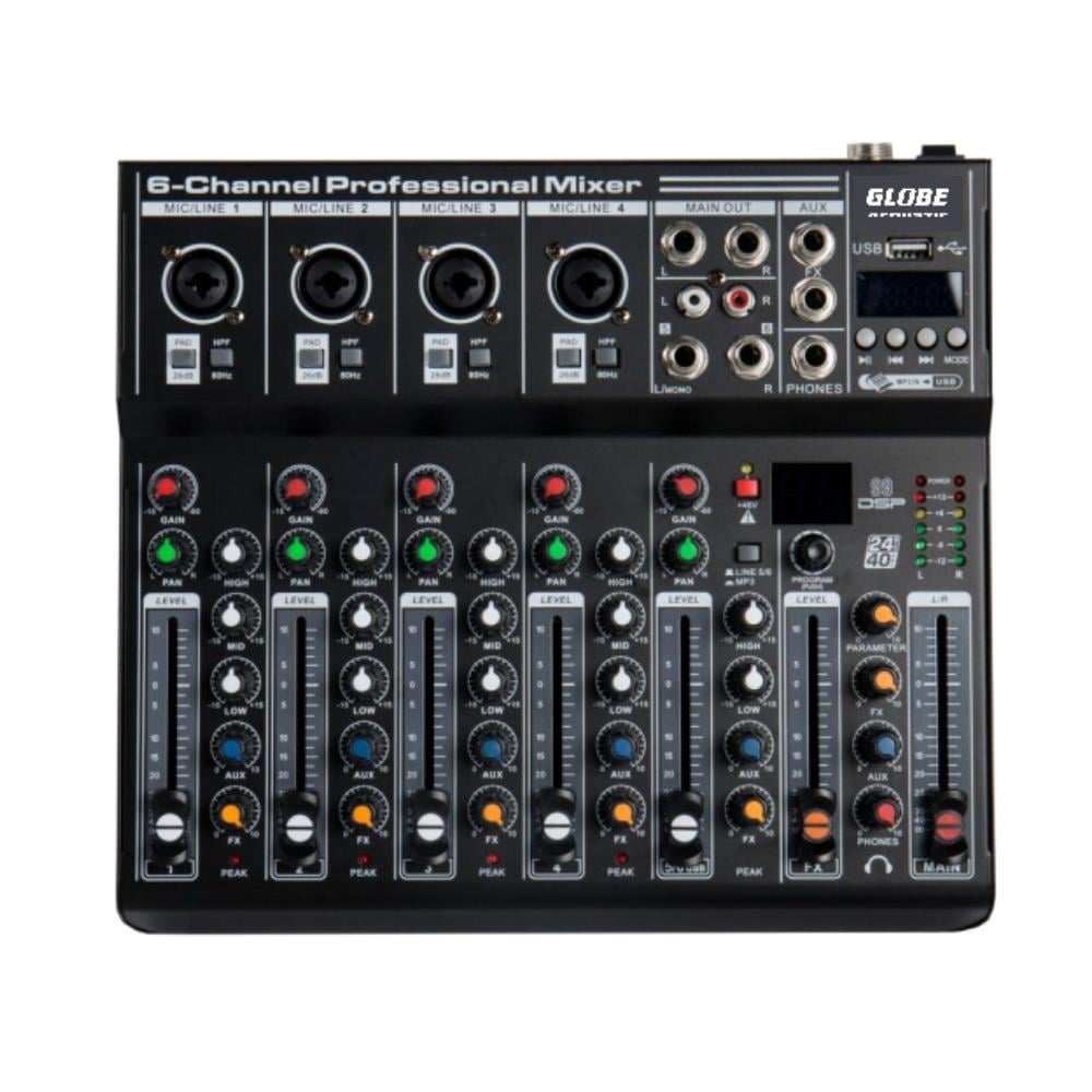 GLOBE ACOUSTIC MX600 6 KANAL 99 DSP EFEKTLİ TEK AUXLU DECK MİKSER