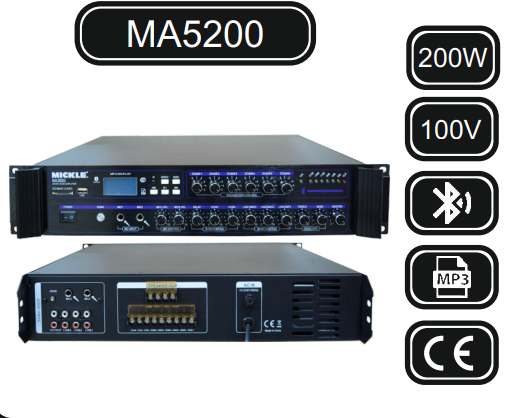 MİCKLE MA5200 200W 100V 6 BÖLGELİ 100V MİKSER AMPLİFİKATÖR