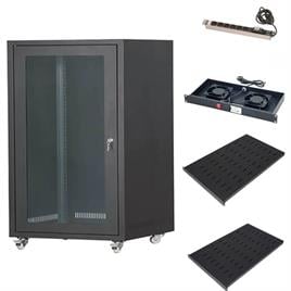 SETRACK 19'' 16U 600X600 CAMLI TEKERLEKLİ RACK KABİNET+FAN+2 ADET SABİT RAF+PRİZ