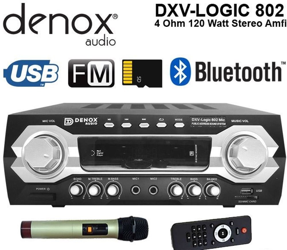 DENOX DVX-LOGİC 802 MİC 120 WATT STEREO ANFİ TELSİZ MİKRFONLU