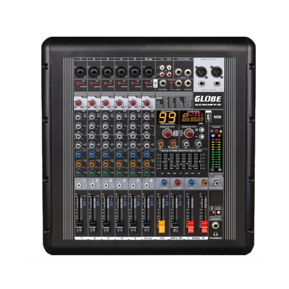 GLOBE ACOUSTİC GTP690 6 KANALLI 2X500W 99 DSP EFEKTLİ ÇİFT AUXLU ANFİLİ MİKSER