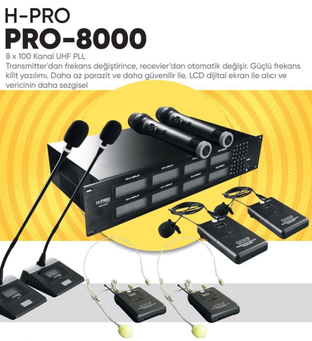 H PRO PRO-8000 2 EL-2 YAKA-2 KÜRSÜ-2 HEADEST 8 Lİ TELSİZ MİKROFON