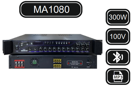 MİCKLE MA1080 300W 100V 3 BÖLGELİ 100V MİKSER AMPLİFİKATÖR