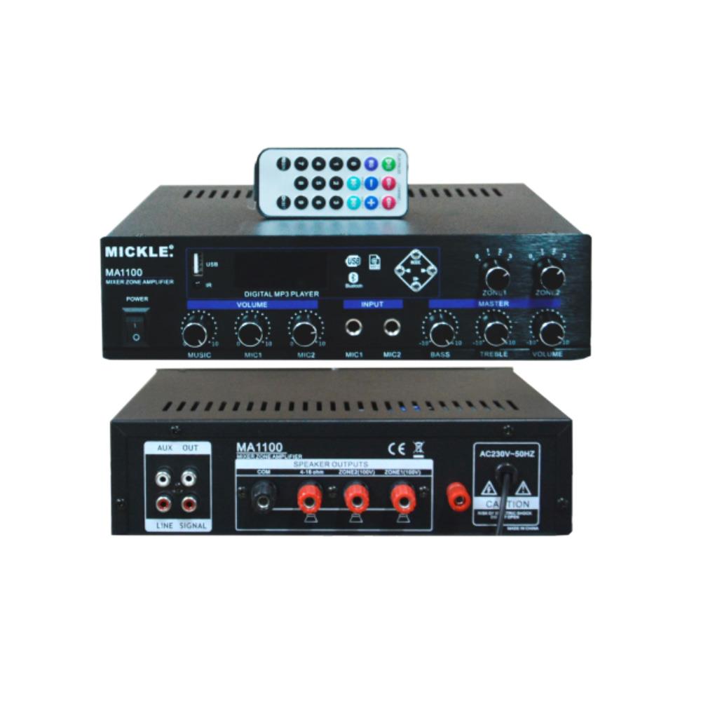 MİCKLE MA1100 2 BÖLGELİ 100W 100V ANFİLİ HAT TRAFOLU MİKSER AMPLİFİKATÖR
