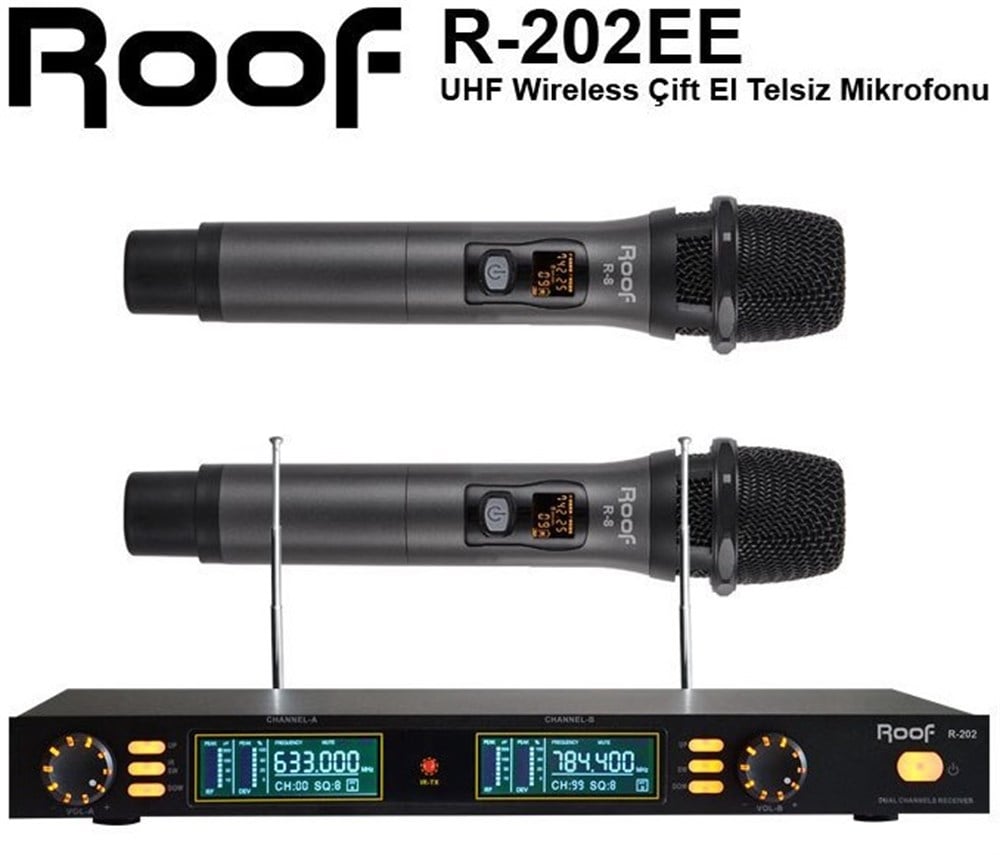 ROOF R 202 E-E UHF KABLOSUZ İKİLİ EL MİKROFONU İKİ KANALLI