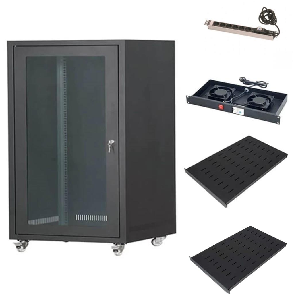 SETRACK 19'' 16U 600X600 CAMLI TEKERLEKLİ RACK KABİNET+FAN+2 ADET SABİT RAF+PRİZ