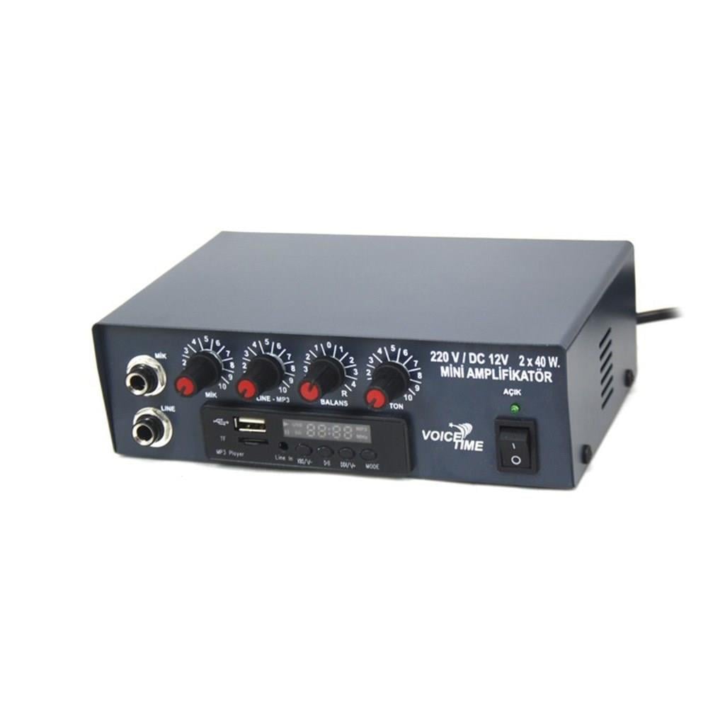 VOİCE TİME VT-40 M 220 V AC / 12 V DC 2 x 40 W STEREO ANONS ANFİ