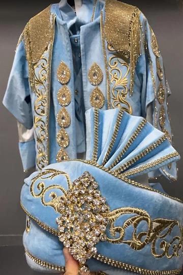 İsimli ŞehzadeBerk Bebe Mavisi Kadife Taşlı Şehzade Kıyafeti