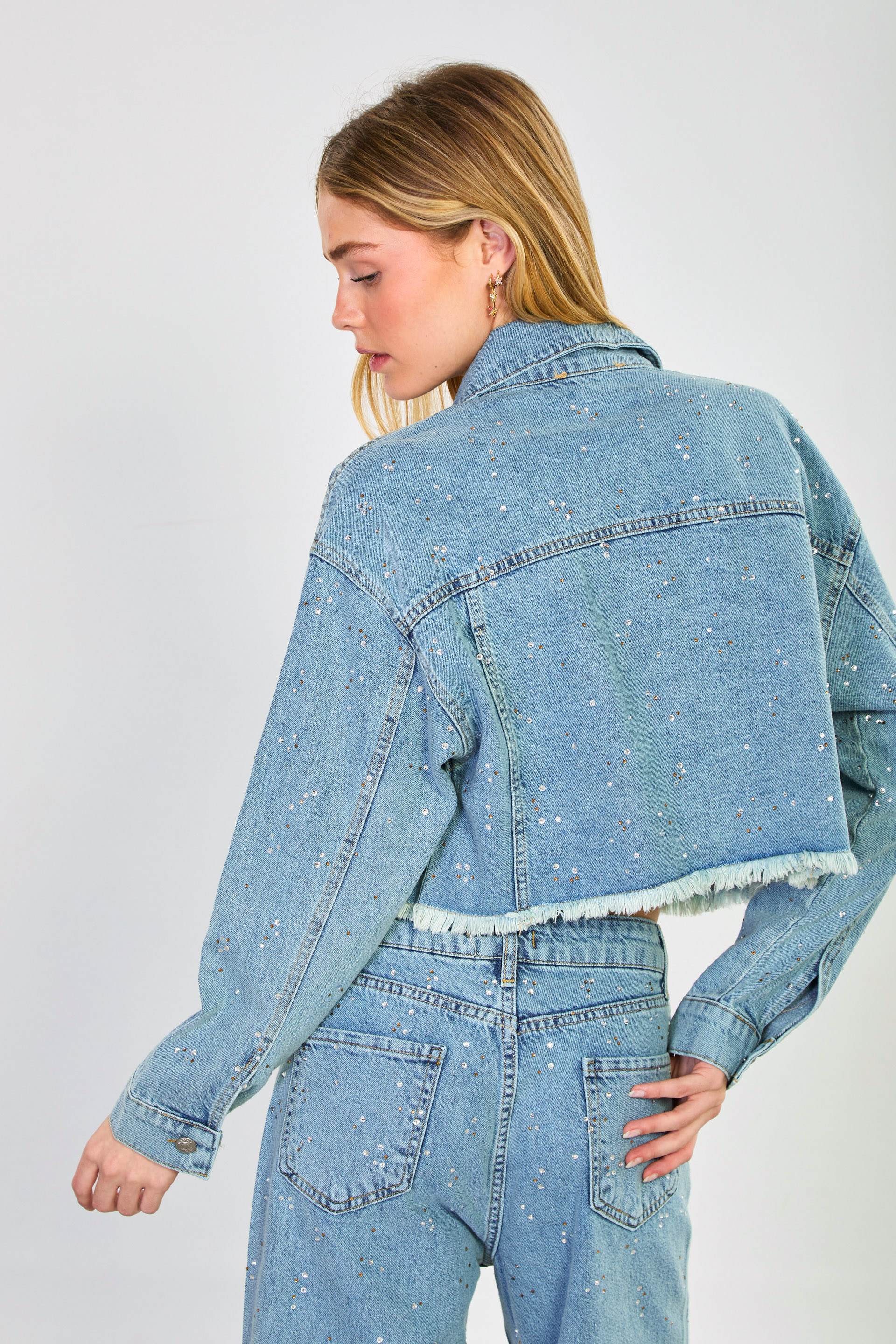 Kadın Taşlı Kısa Denim Ceket - Açık Mavi