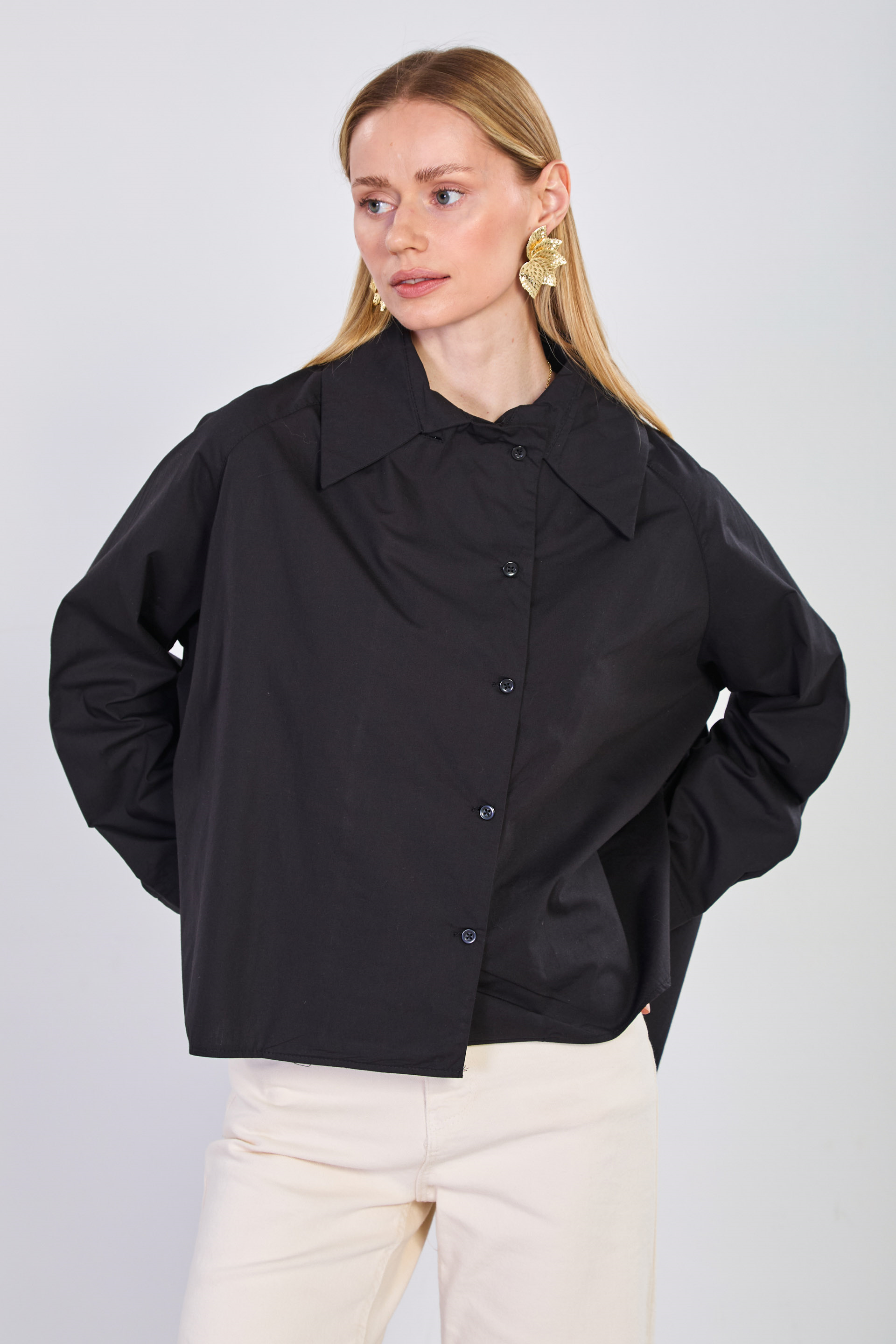 Yandan düğmeli sivri yaka oversize gömlek-8333 Siyah