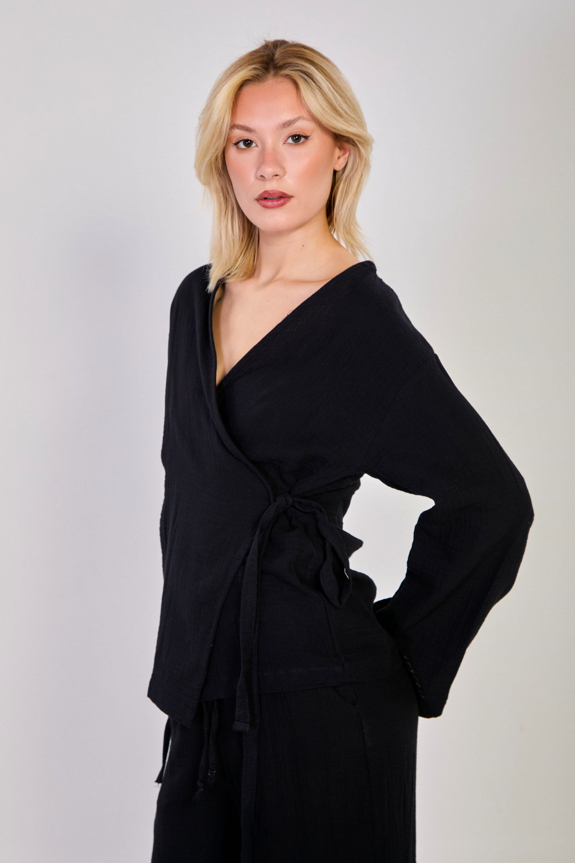 Kadın Kruvaze Yaka Yanı Bağlamalı Kimono - Siyah