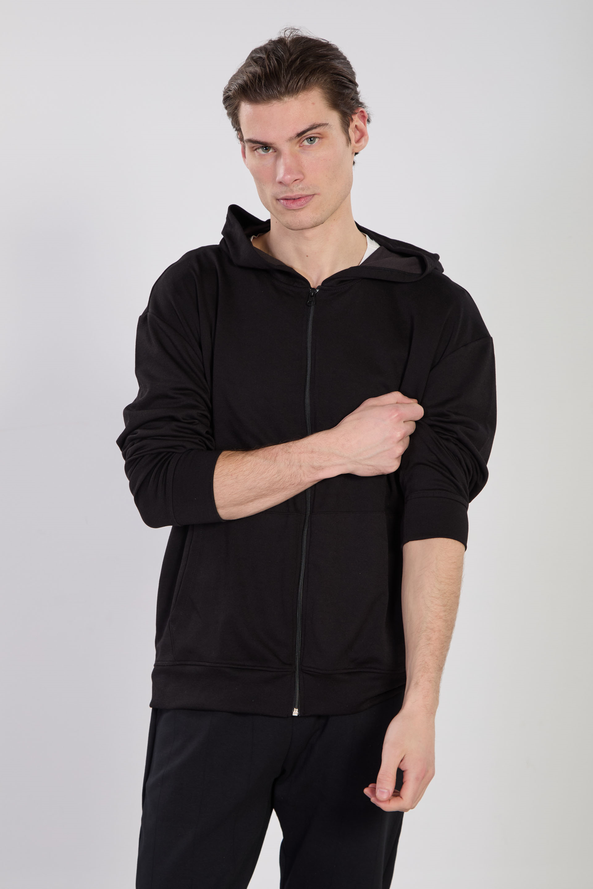 Erkek Kapüşonlu Fermuarlı Sweatshirt - Siyah