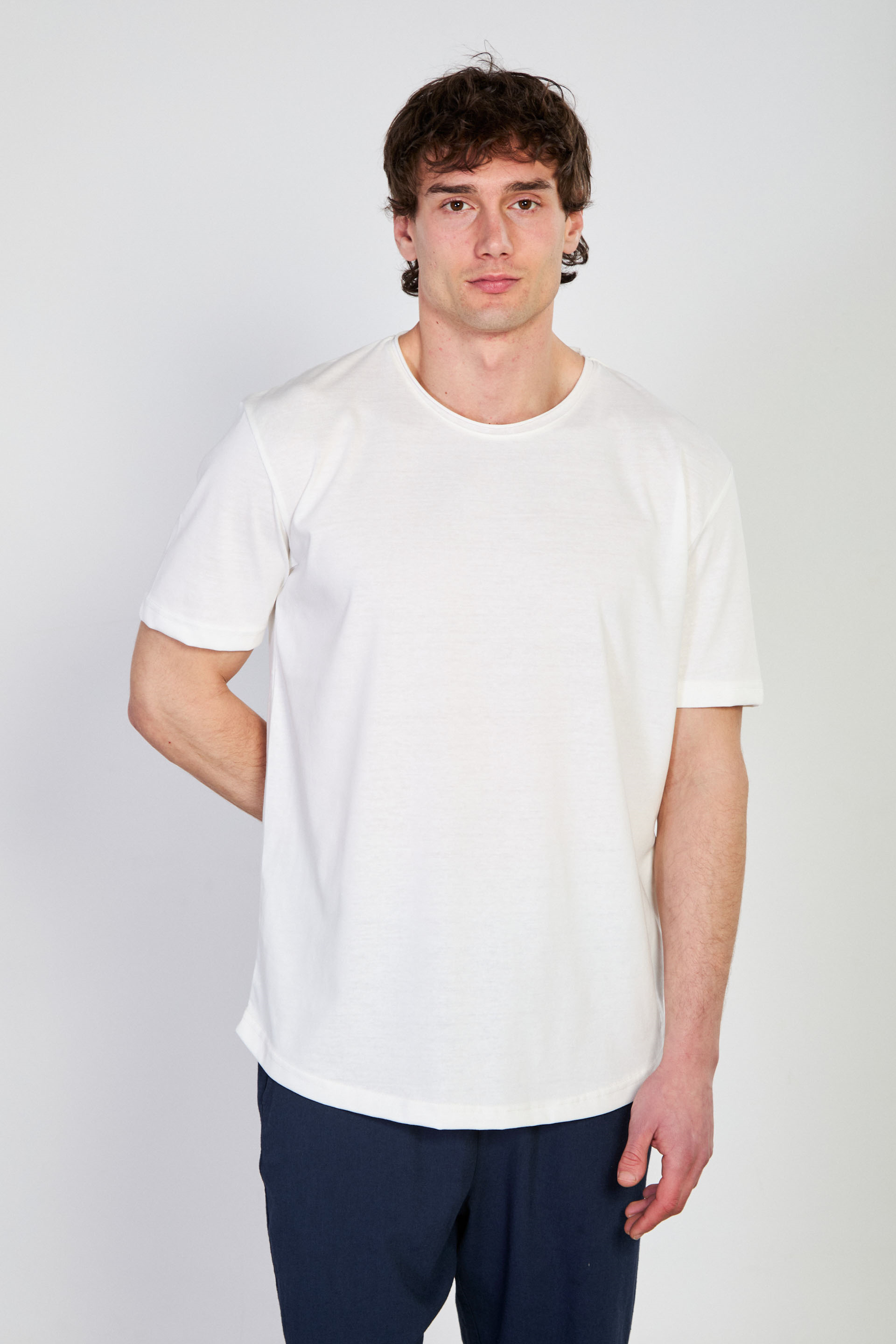 Erkek Etek Ucu Baskılı Bisiklet Yaka T-Shirt - Ekru