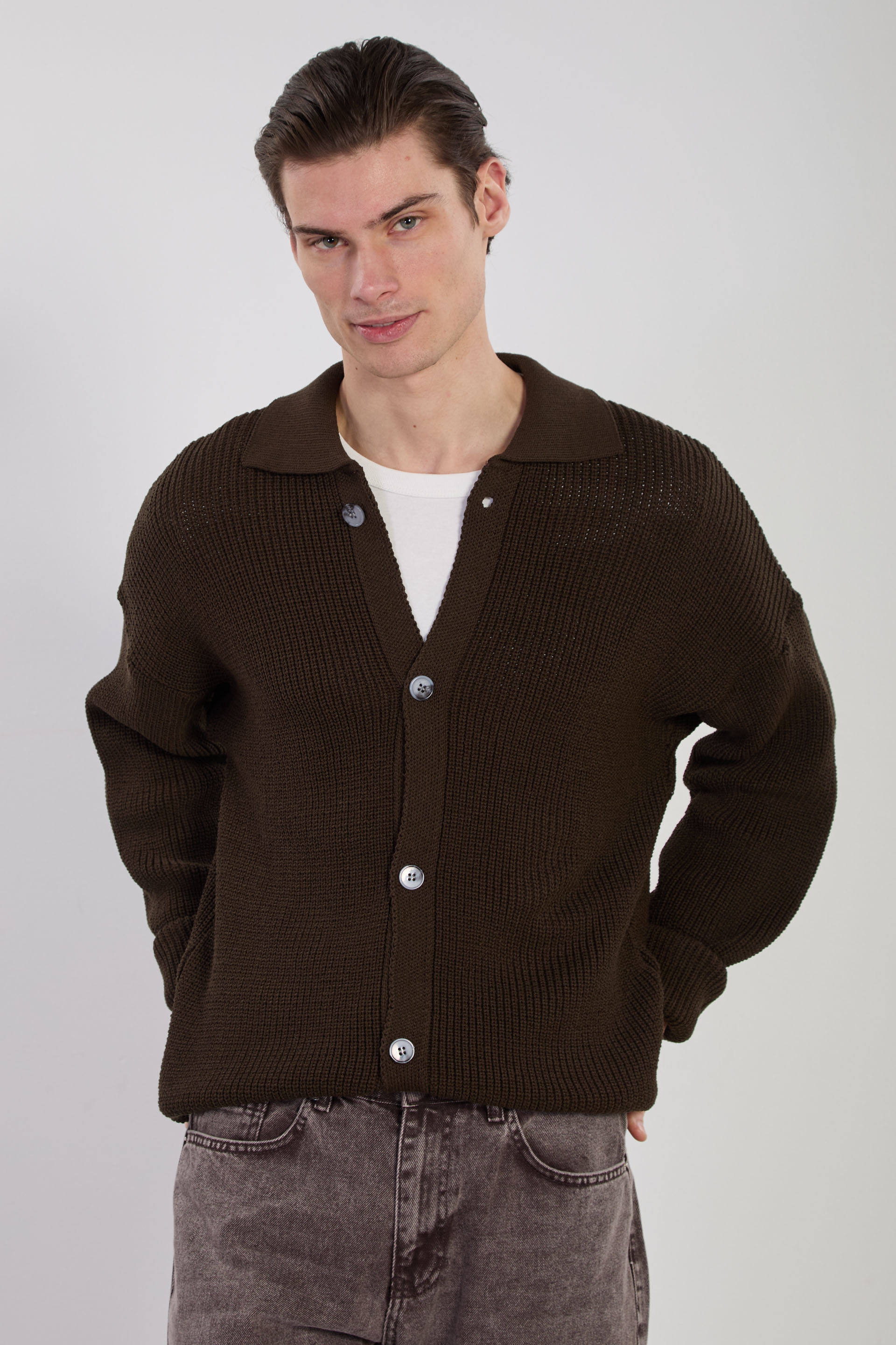 Erkek Polo Yaka Düğmeli Triko Hırka - Kahve