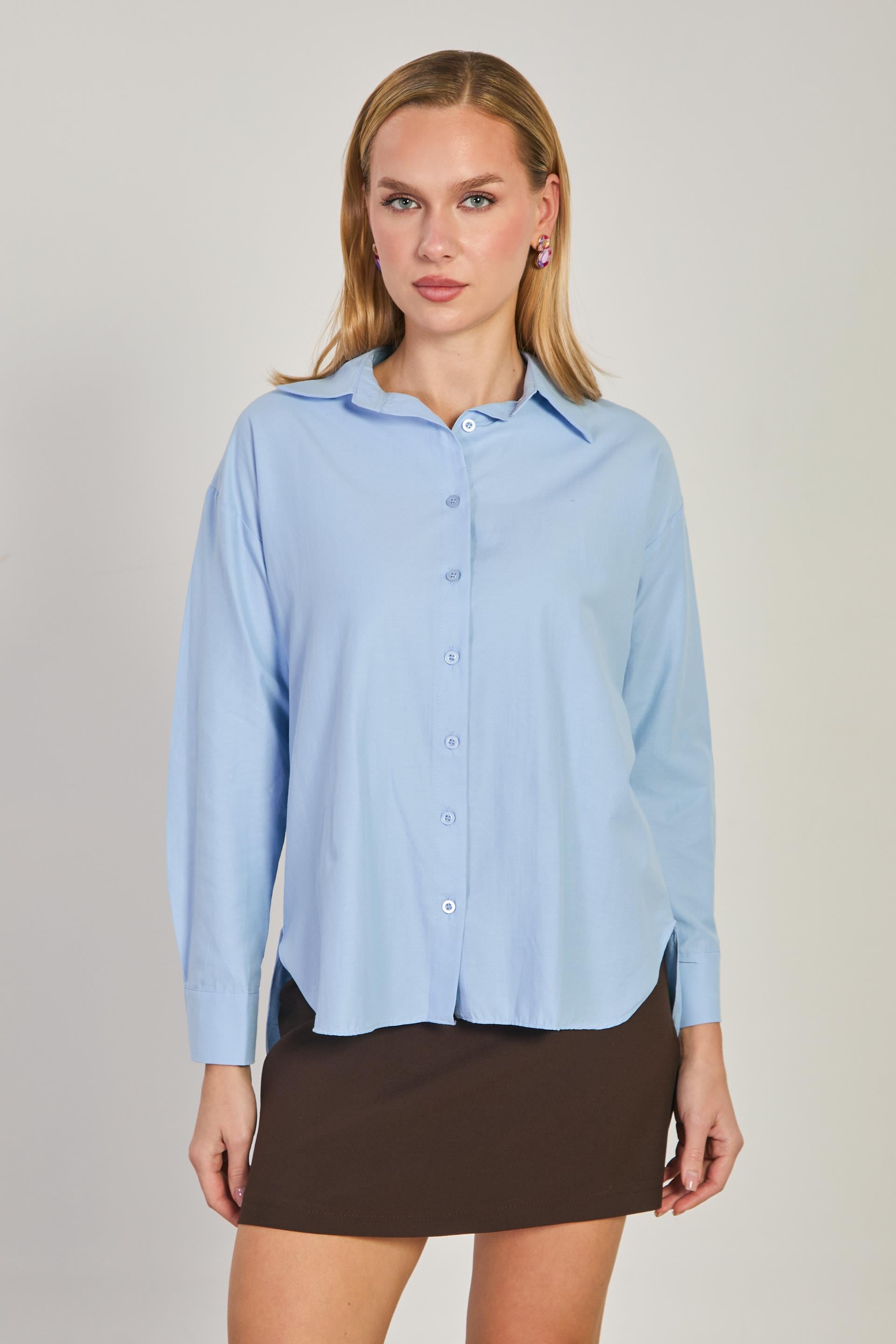 Kadın Uzun Kol Oversize Gömlek - Bebe Mavi