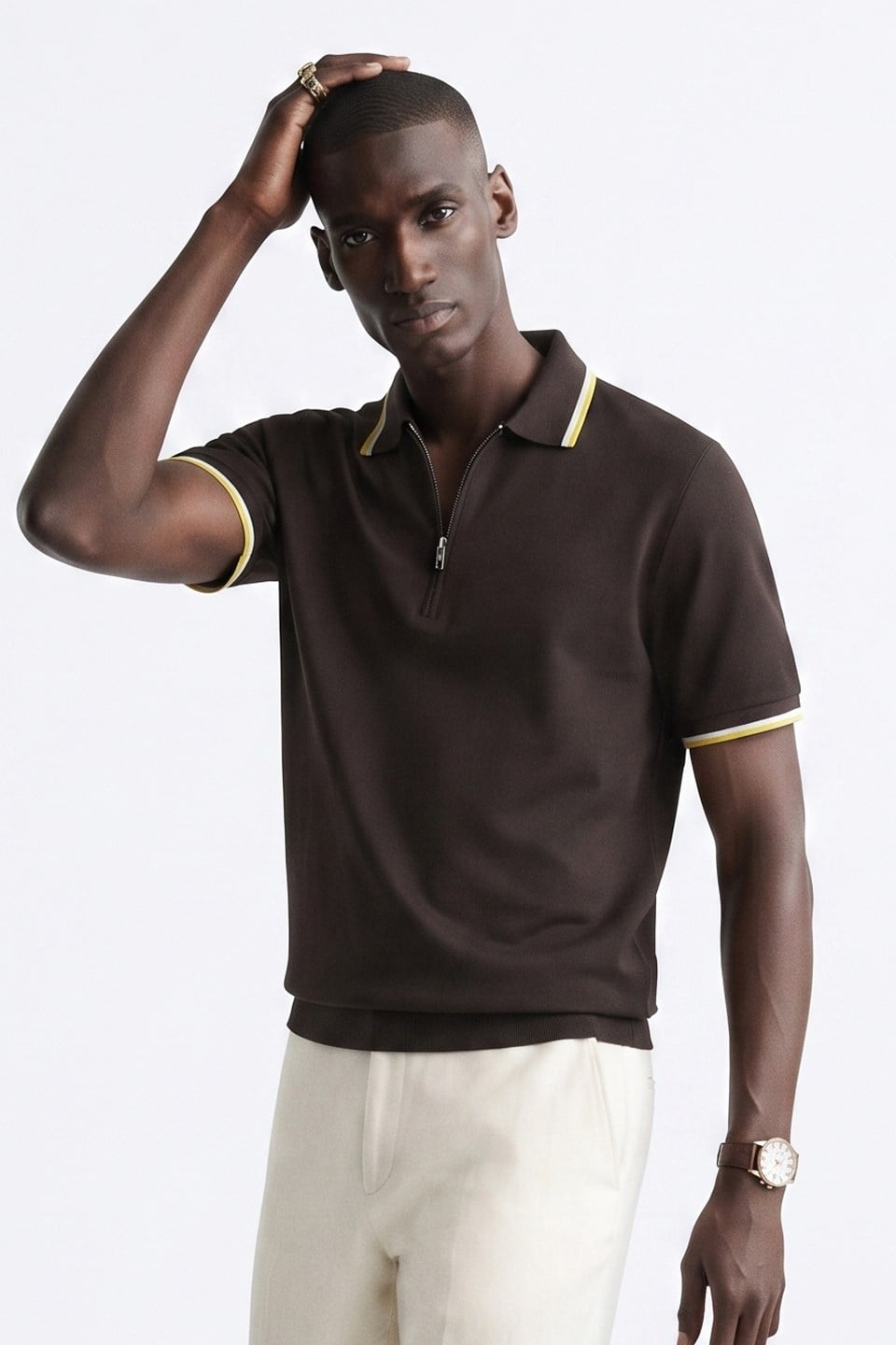 Erkek Yarım Fermuarlı Ribana Detay Polo Yaka T-Shirt - Kahve