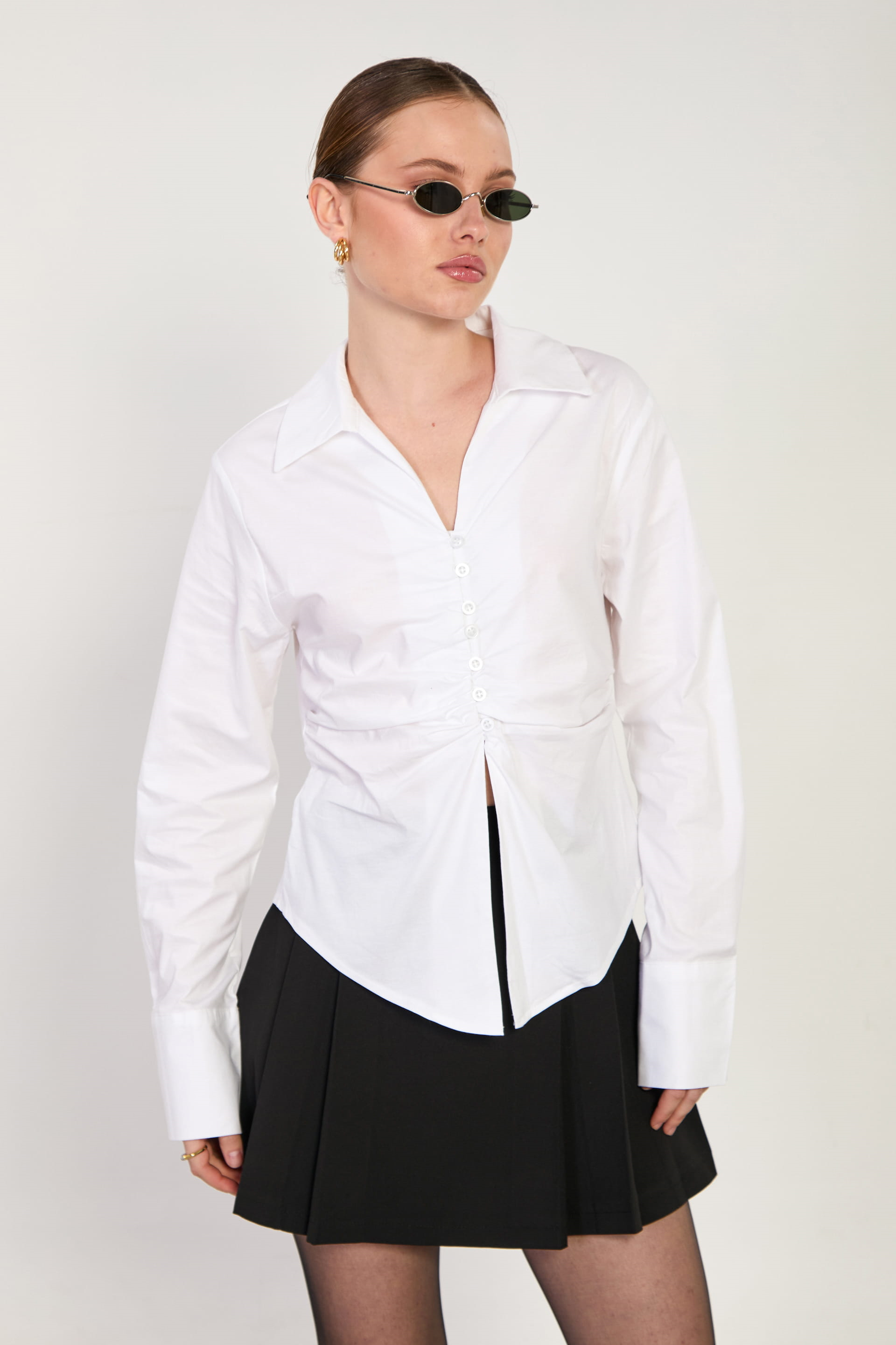 Kadın Drape Detaylı Kalın Manşetli Gömlek - Beyaz