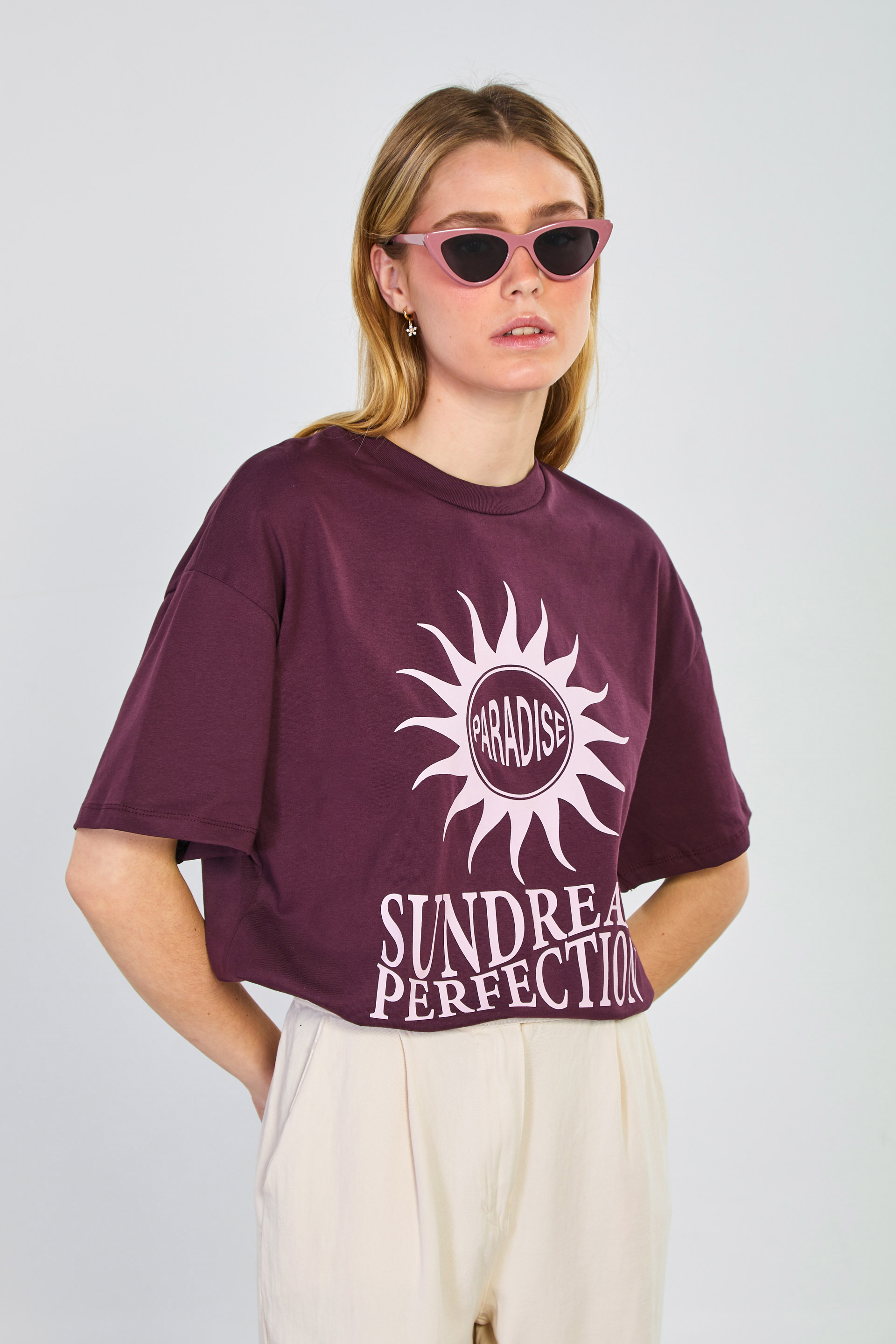 Kadın Paradise Yazılı Oversize T-Shirt - Mürdüm