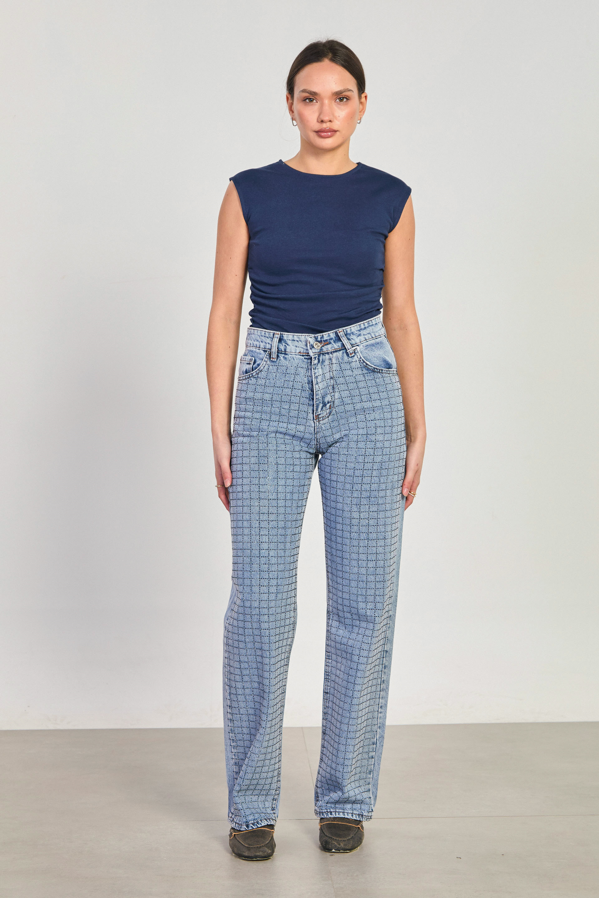 Kadın J63 Kare Taş Baskılı Palazzo Jean Pantolon - Açık Mavi