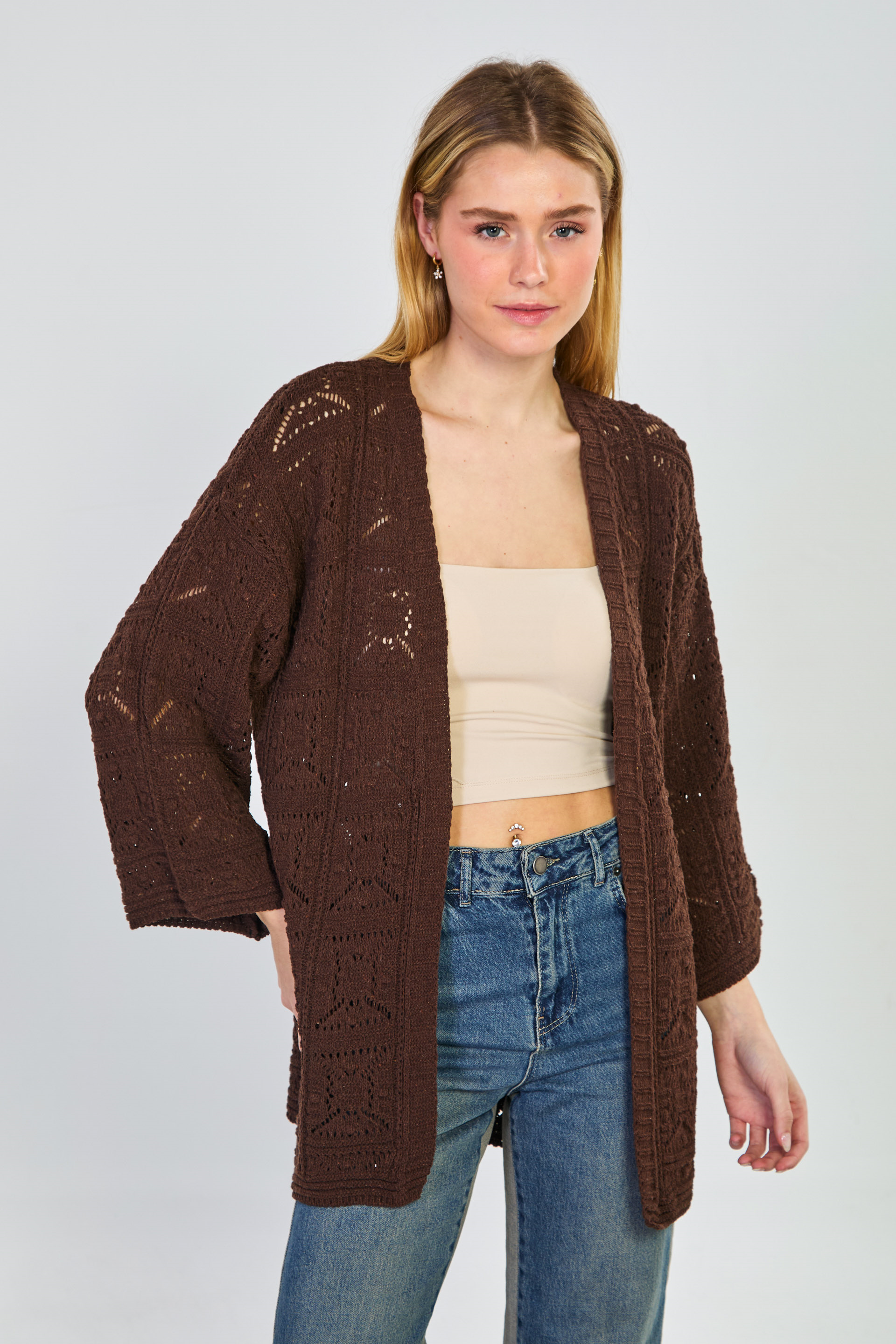 Kadın Ajurlu Uzun Hırka - Acı Kahve