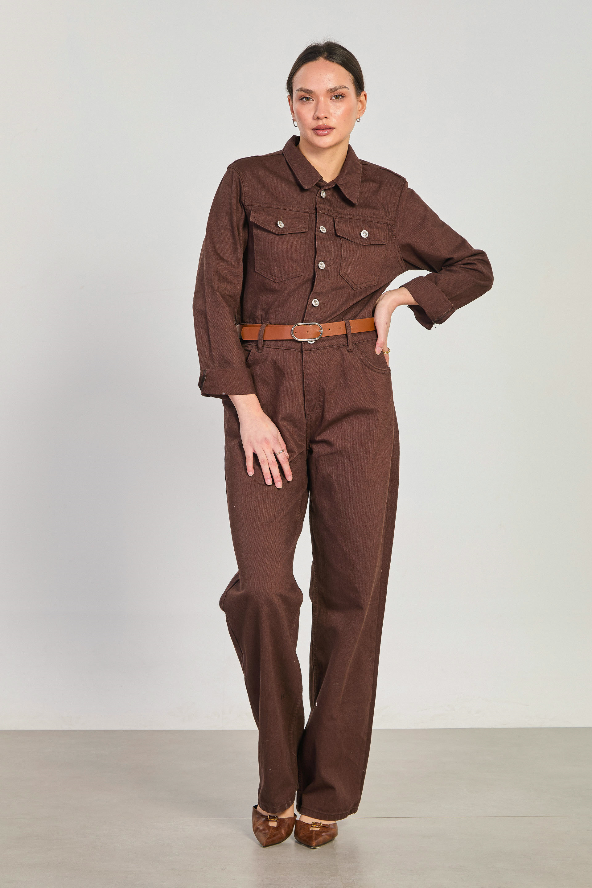 Kadın Kemerli Uzun Kollu Denim Tulum - Kahve