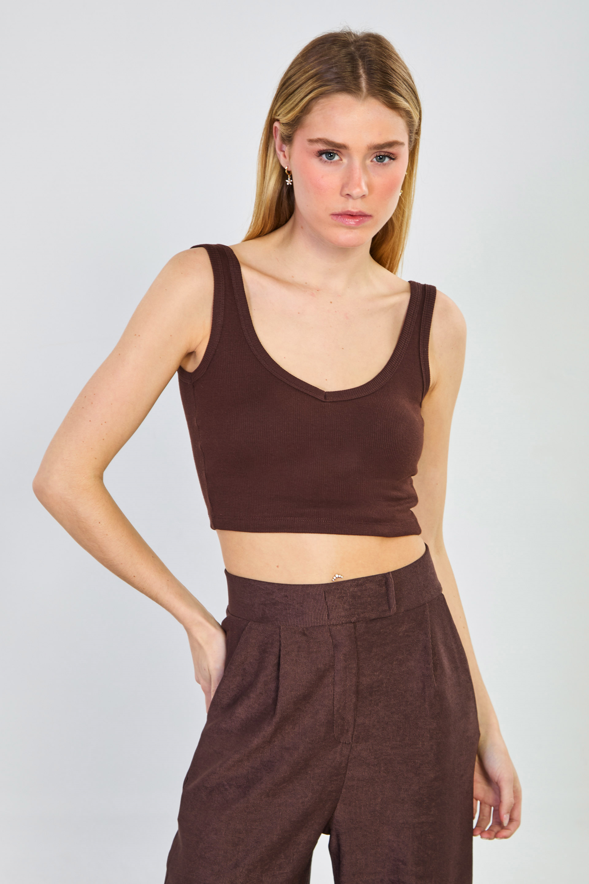 Kadın Kalın Askılı Göğüs Pedli Body - Kahve