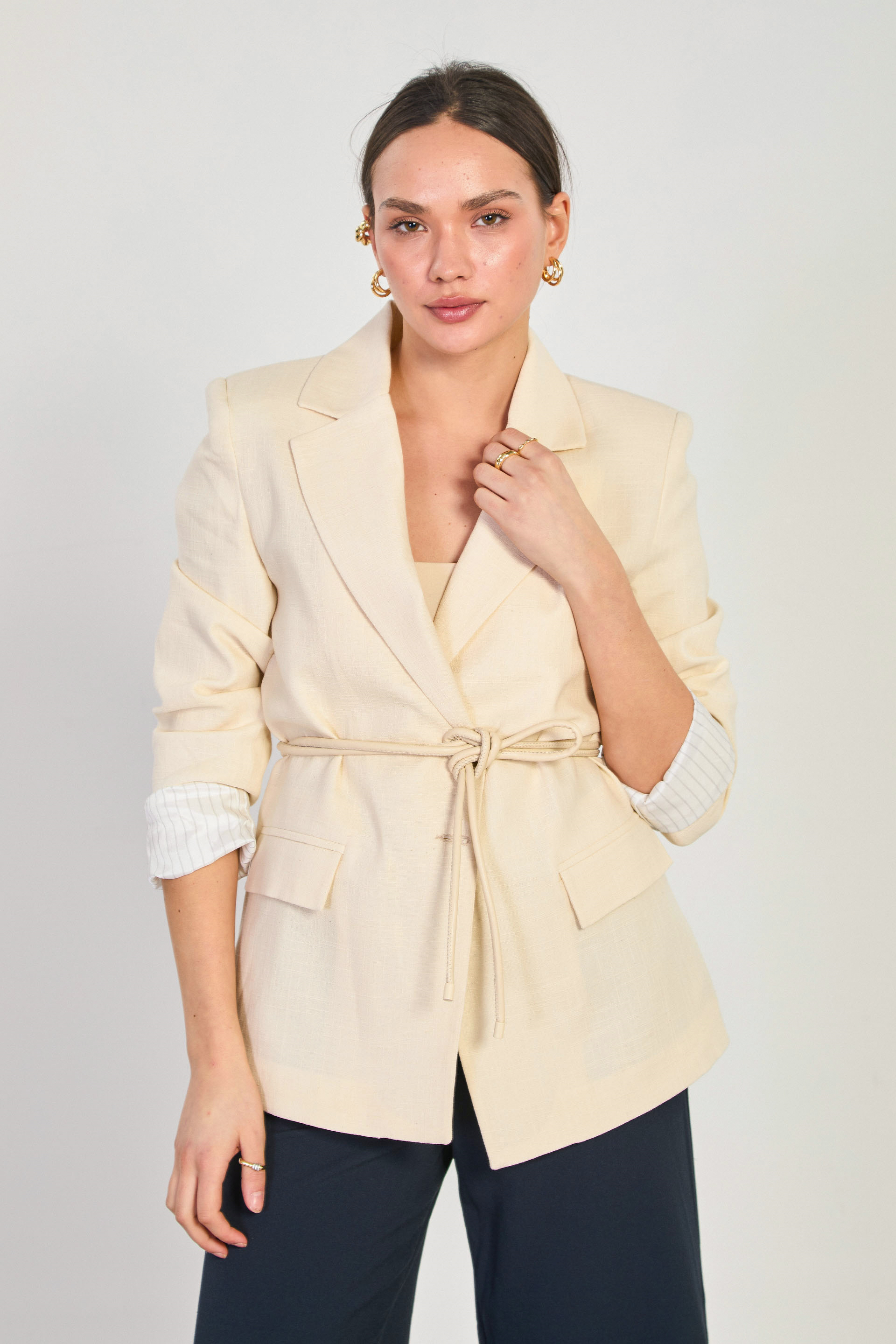 Kadın Kolları Çizgili Keten Blazer Ceket - Natural