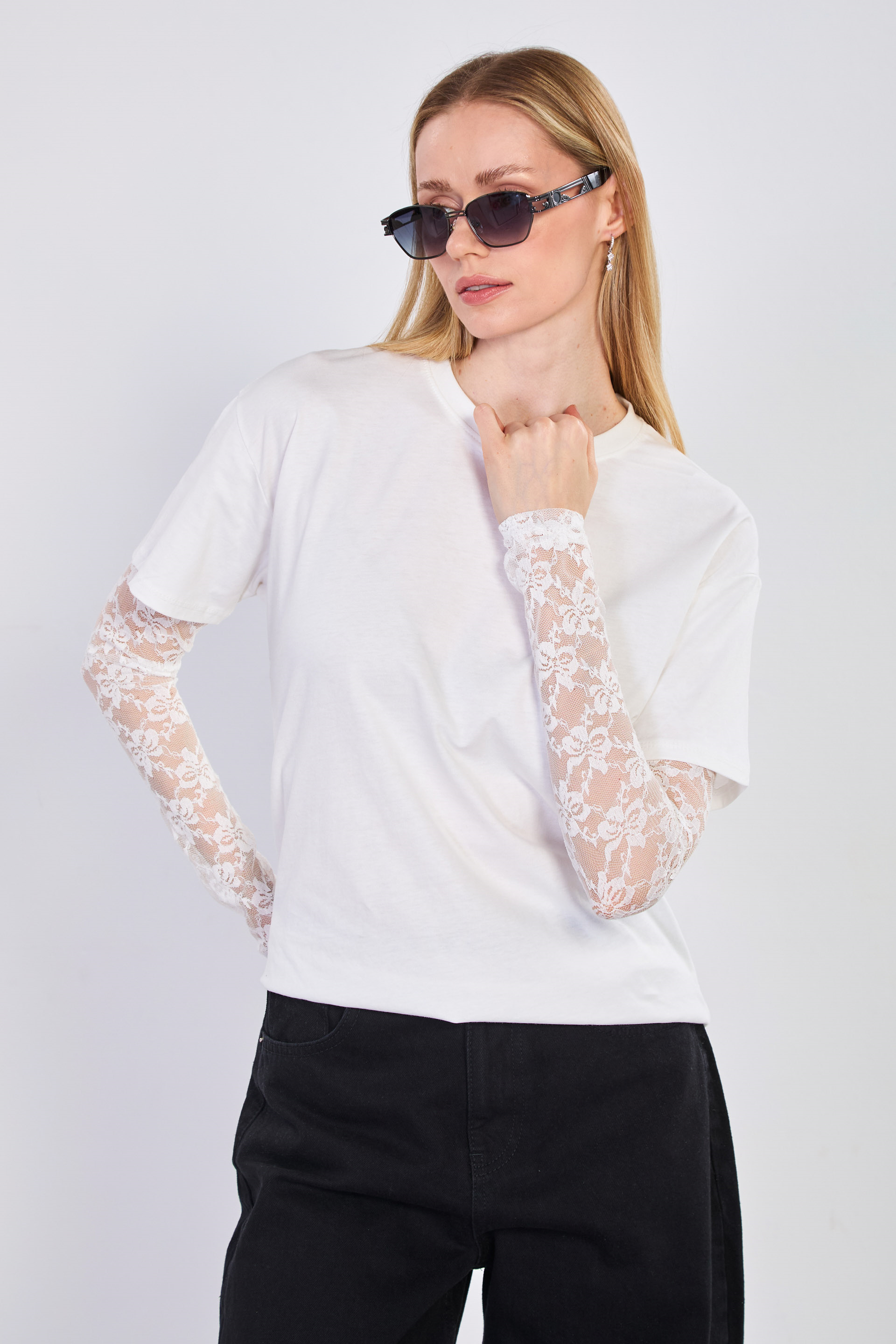 Kadın Tül Kollu Oversize T-Shirt - Ekru