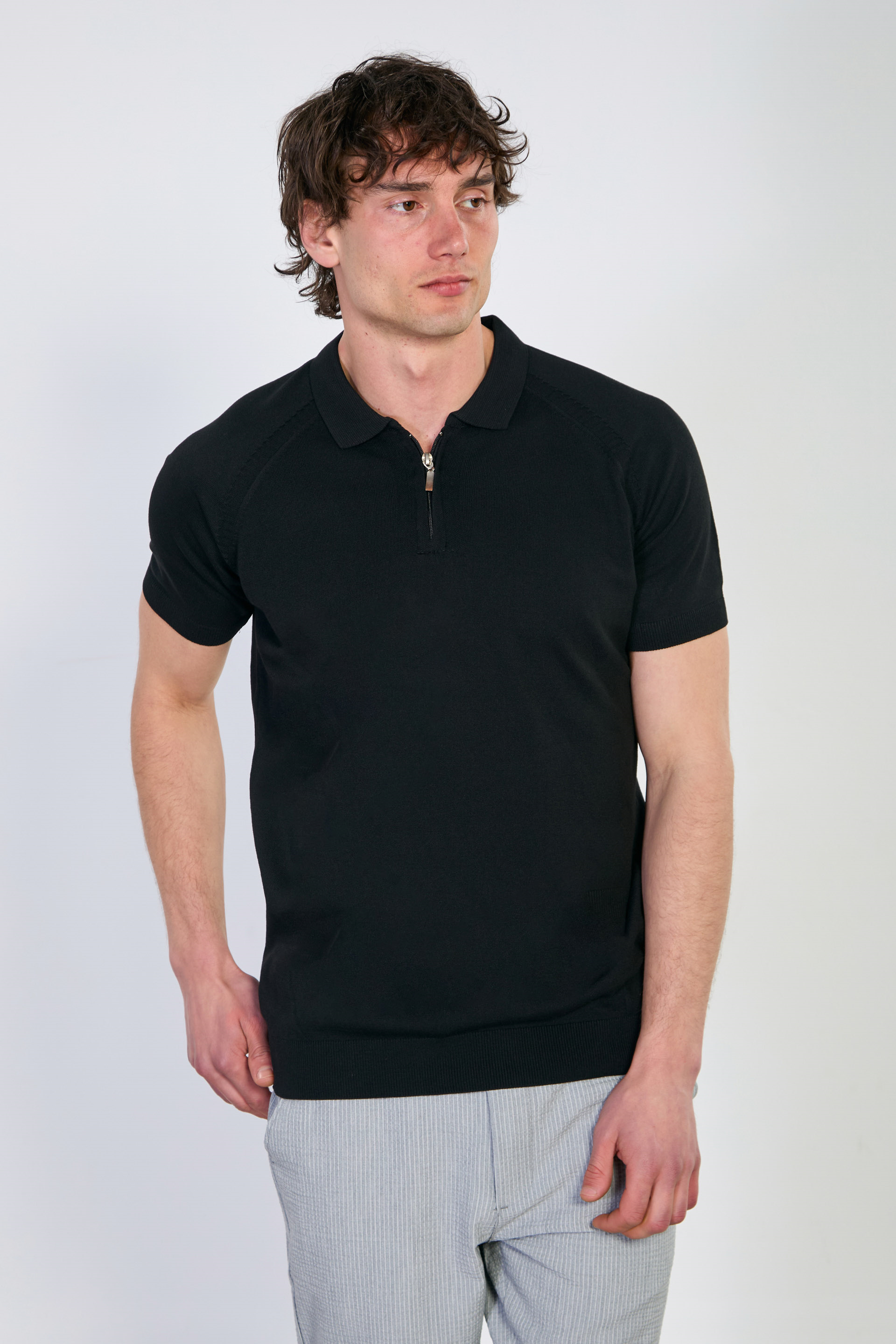 Erkek Yarım Fermuarlı Polo Yaka Triko T-Shirt - Siyah