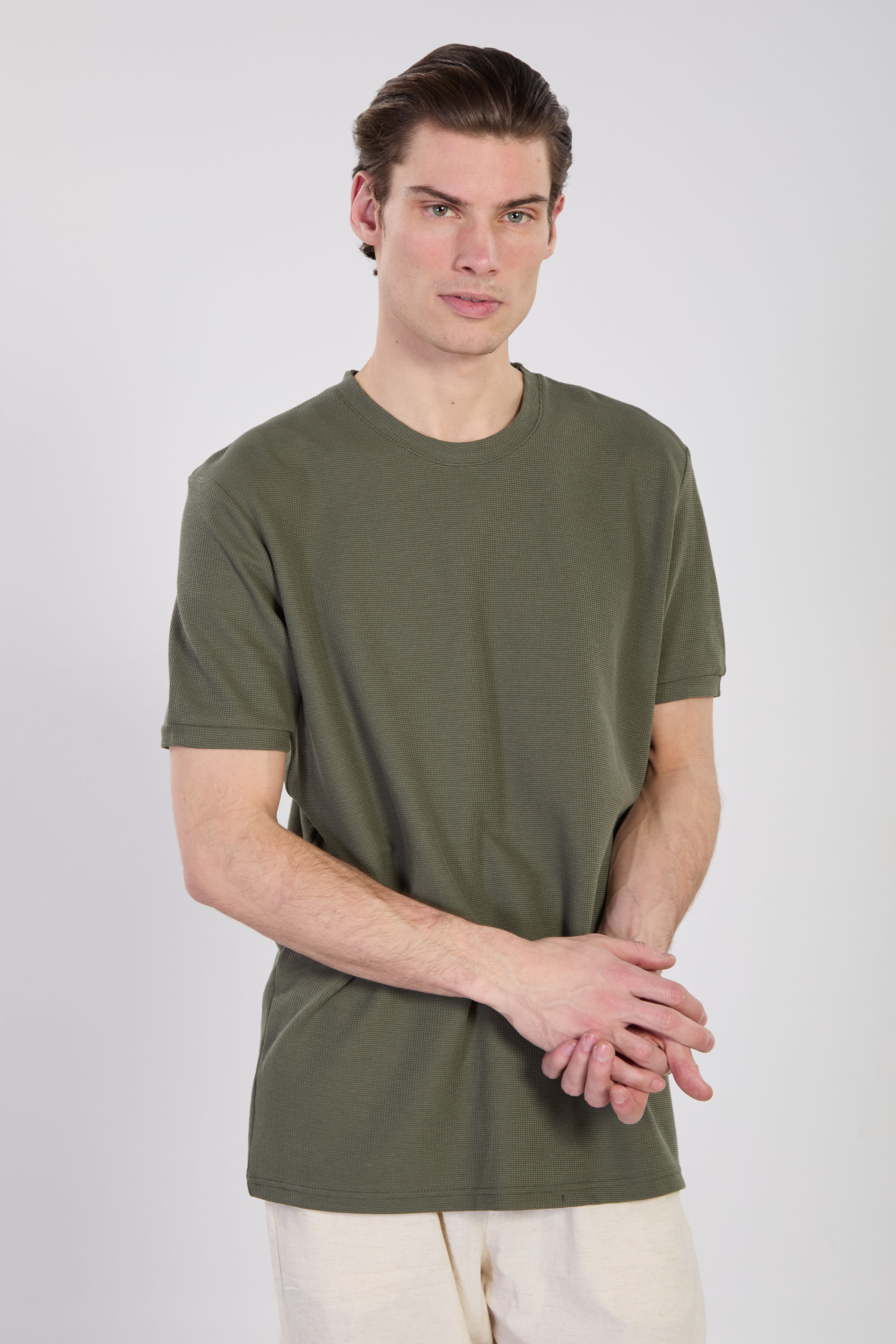 Erkek Gipeli Waffal Basıc T-Shirt - Haki