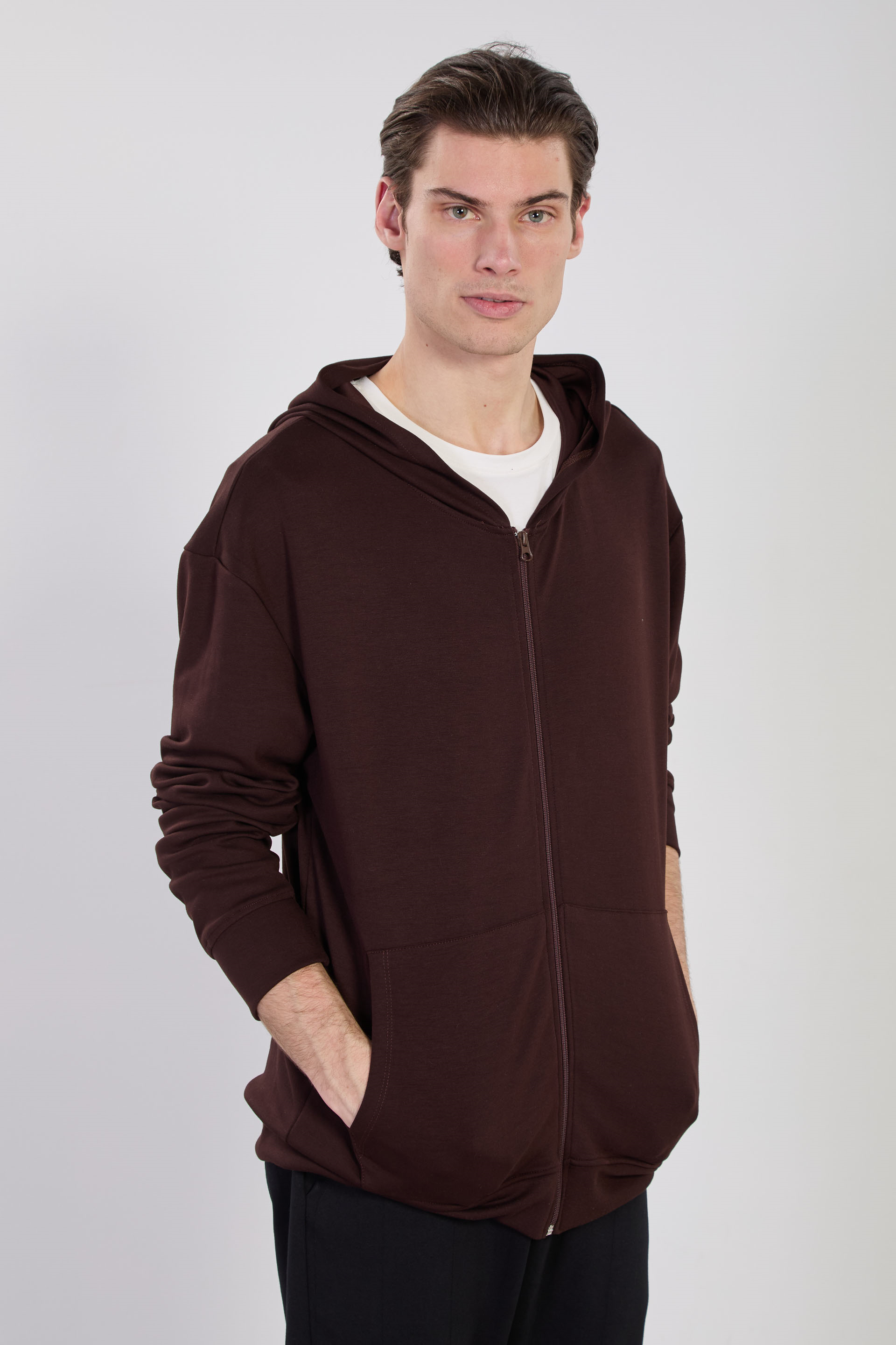 Erkek Kapüşonlu Fermuarlı Sweatshirt - Kahve